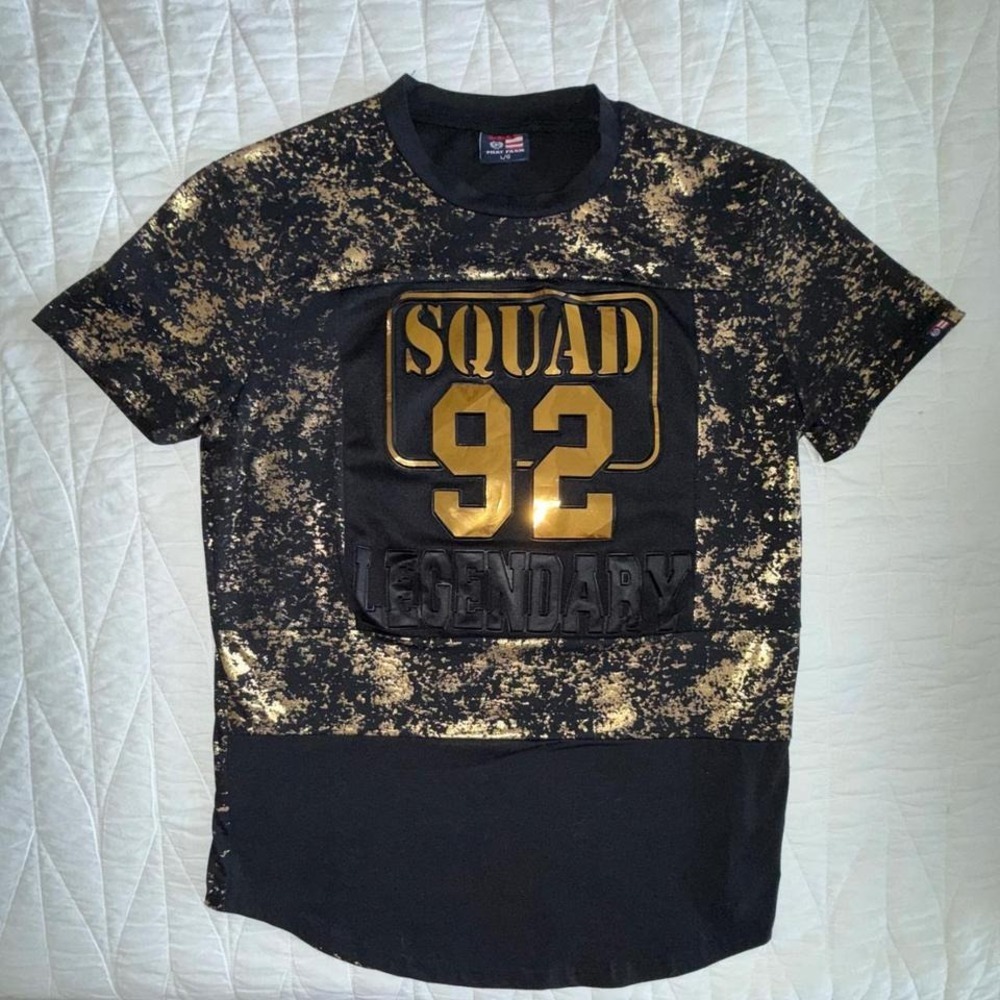 Phat Farm T-Shirt Mens Large Black Gold Excellent Squad 92 Foil Splatter Graphic